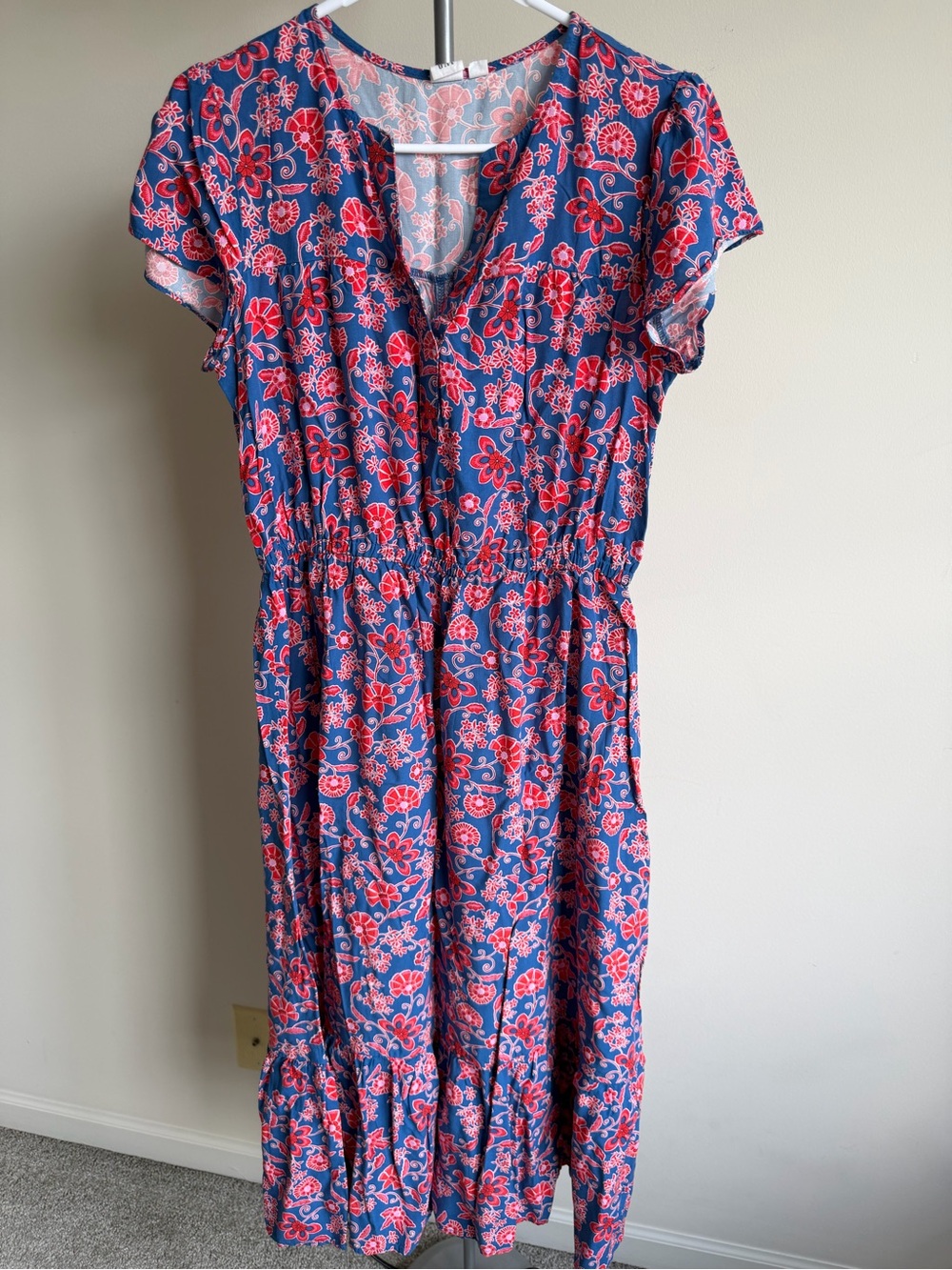 GAP Blue Midi Dress with Red Floral Print